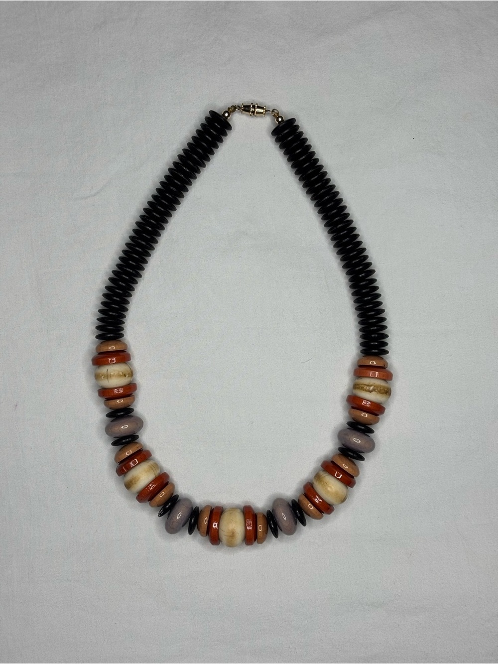 Vintage Wooden bohemian-style statement necklace with multicolor polished wood b